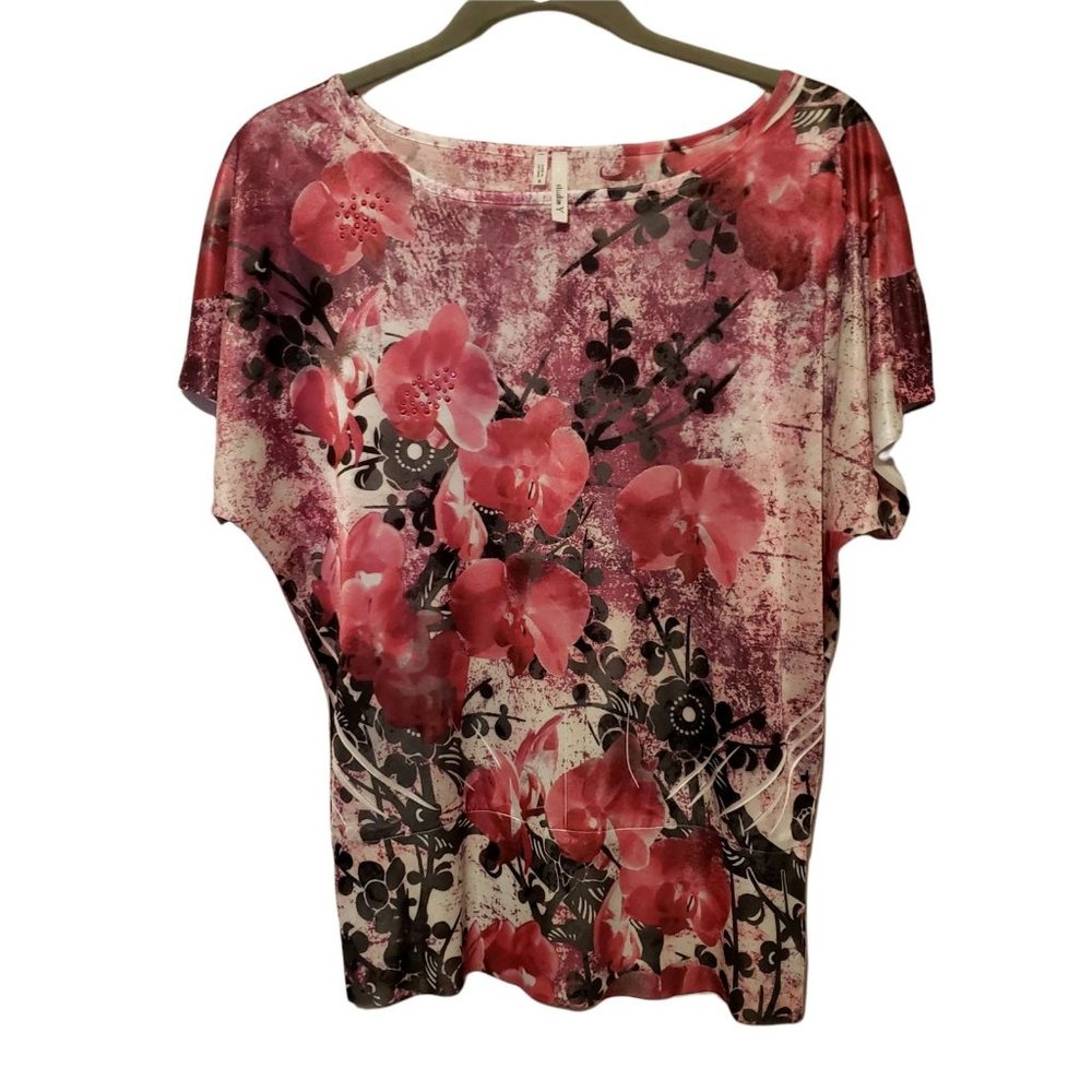 Studio Y Womens Sz S Pink White Floral Short Sleeve Blouse